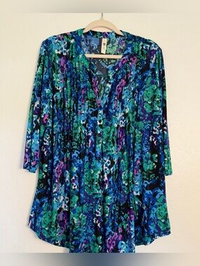 la cera  Women's Large Tunic Top Blue Green Artistic Pleated Stretchy 3/4 Sleeve